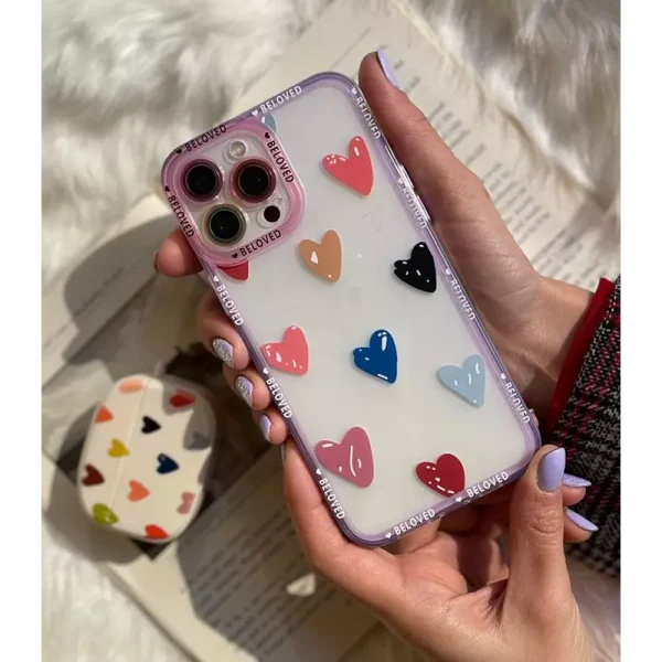 قاب موبایل آیفون پشت بیرنگ قلب مداد رنگی محافظ لنزدار