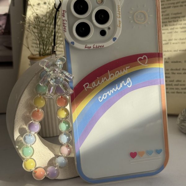 قاب موبایل آیفون آسمان آبی و رنگین کمان هلوگرامی + آویز خرسی