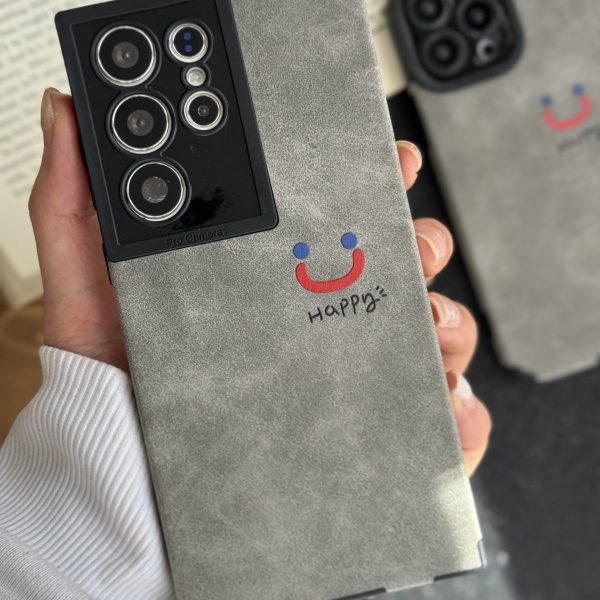 قاب موبایل سامسونگ چرم و جیر طوسی اسمایل محافظ لنزدار