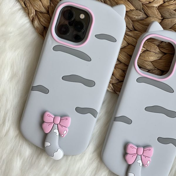 قاب موبایل آیفون گربه سیلیکونی دم پاپیون دار