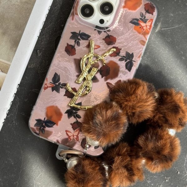 قاب موبایل آیفون سن لورن دم روباهی پروانه گل سرخ + بندست پشمی