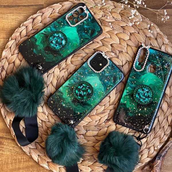 قاب موبایل سامسونگ ماربل پام پام یشمی نگین دار + پام پام + پاپ سوکت