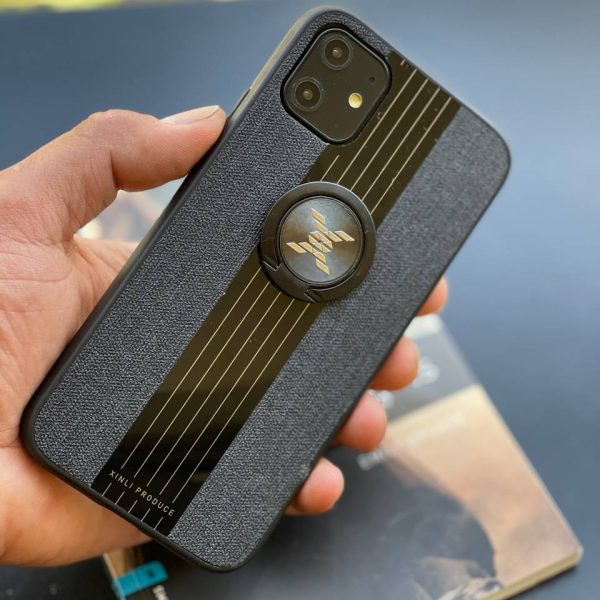 قاب موبایل آیفون پارچه و گلس حلقه دار مشکی ( 3007 )