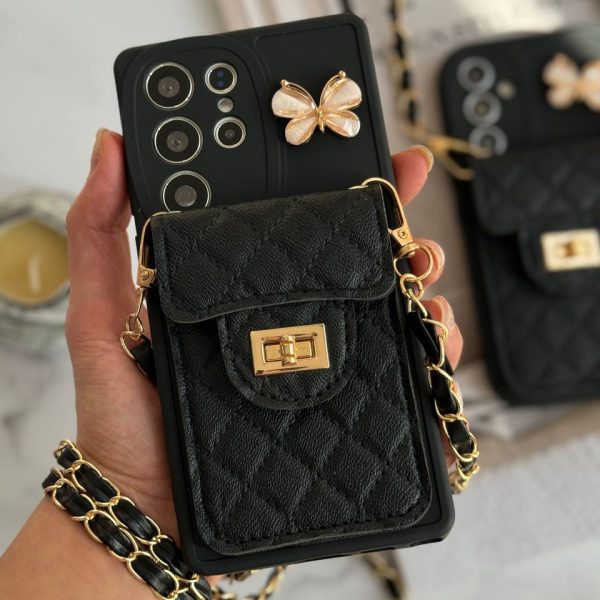 قاب موبایل سامسونگ مشکی بند زنجیری بلند بالشتی پروانه ای جاکارتی دار