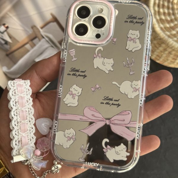 قاب موبایل ( آیفون - سامسونگ ) گربه پاپیون بزرگ آیینه ای صورتی + بندست