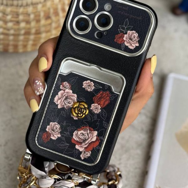 قاب موبایل آیفون گل رزا نرا جاکارتی دار + بندست اسکارف