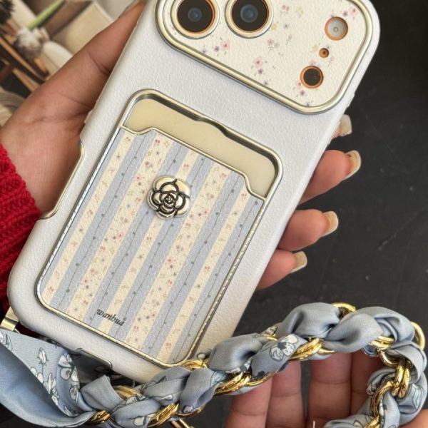 قاب موبایل آیفون اسکارف گل آبی مه آلود + بندست