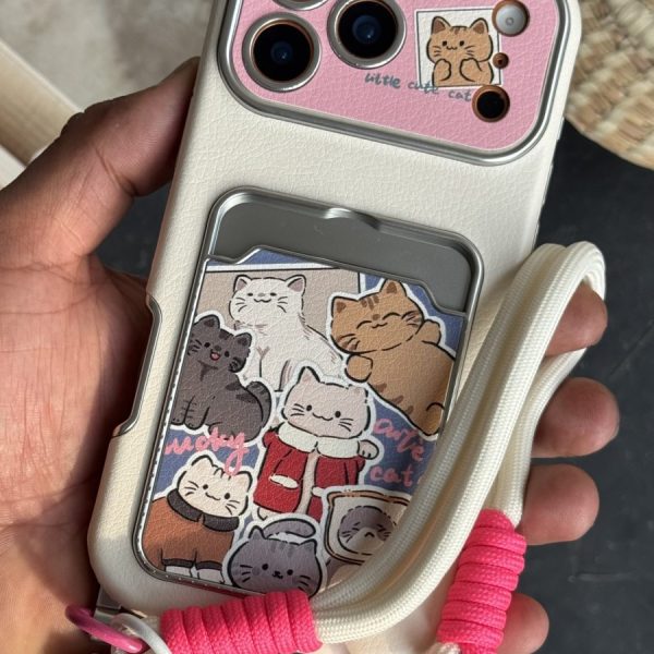 قاب موبایل آیفون گربه اسکاتیش جاکارتی دار + بند و آویزمنگوله ست