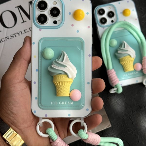 قاب موبایل آیفون بستنی قیفی دو رنگ جاکارتی بند ست