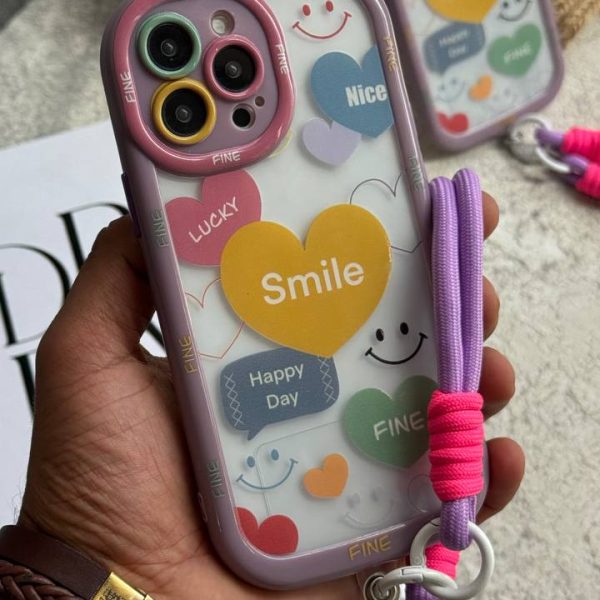 قاب موبایل آیفون لبخند قلبی محافظ لنزدار + بندست