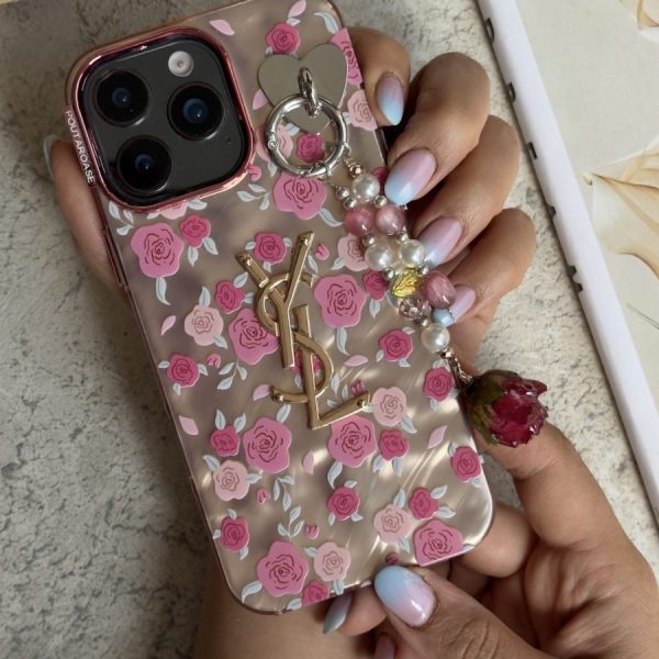 قاب موبایل ( آیفون - سامسونگ ) سن لورن شکوفه گل رز + آویز گل رز