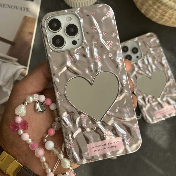 قاب موبایل آیفون گل ریز قلب آیینه ای موج دار رزگلد ( بدون بند )
