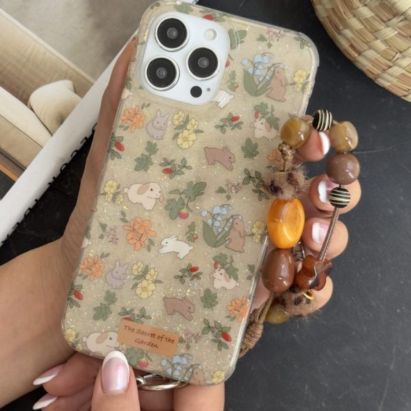 قاب موبایل آیفون خرگوش باغ جادویی + بندست مخملی