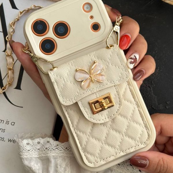 قاب موبایل ( آیفون - سامسونگ ) بند زنجیری بلند بالشتی پروانه ای جاکارتی دار