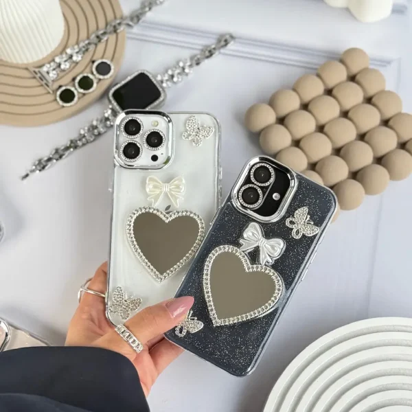 قاب شاینی قلب آینه ای با محافظ لنز رینگی نگینی (کدC1889)